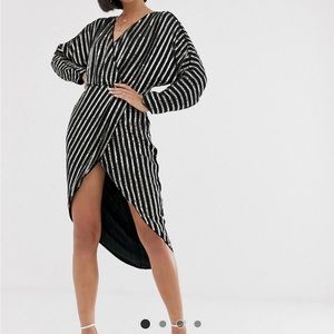 ASOS Design stripe embellished midi dress with batwing sleeve